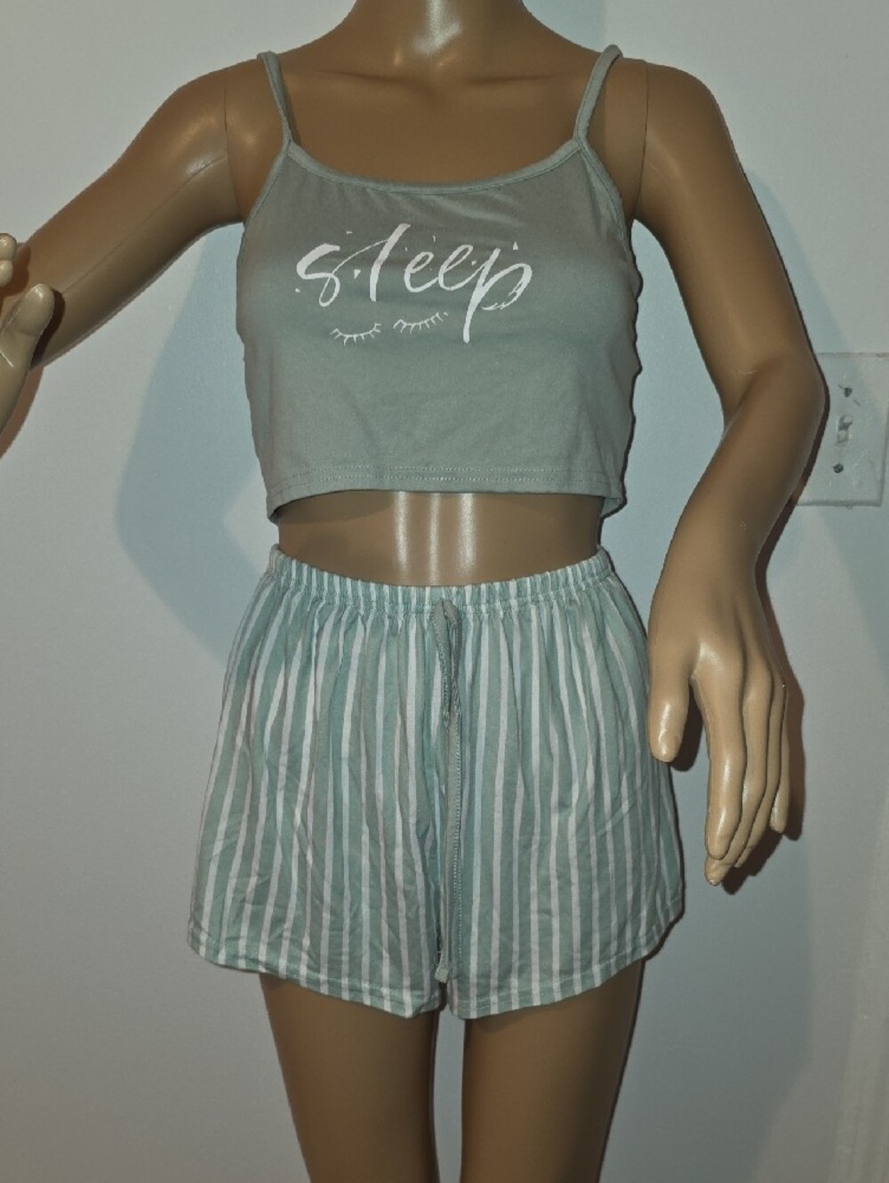 SHEIN Sage Green 'Sleep' Cami & Striped Short Pajama Set - Picture 3 of 5